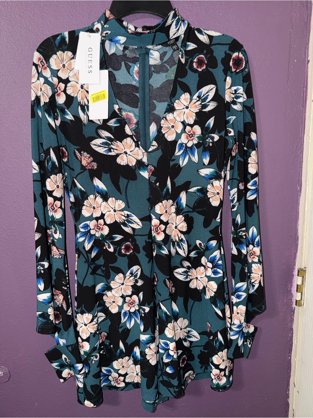 Guess Teal Floral Long-Sleeve Romper with Peach & Blue Flowers